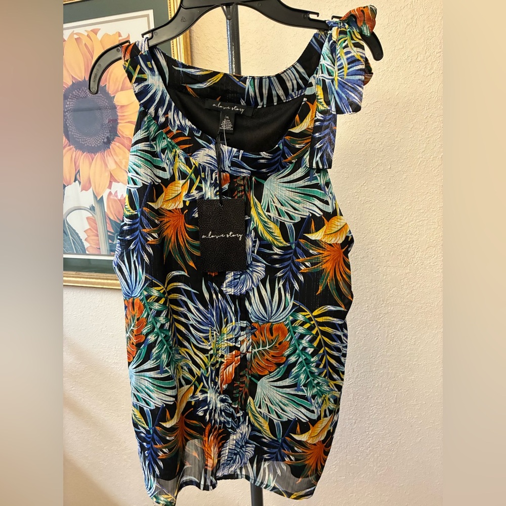 A.Love Story Tropical Leaf Sleeveless Top - Black Multi